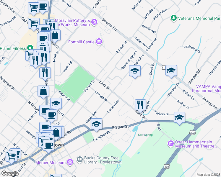 map of restaurants, bars, coffee shops, grocery stores, and more near 501 Maple Avenue in Doylestown