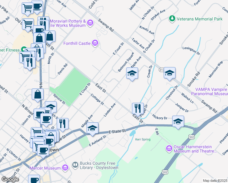 map of restaurants, bars, coffee shops, grocery stores, and more near 450 Maple Avenue in Doylestown