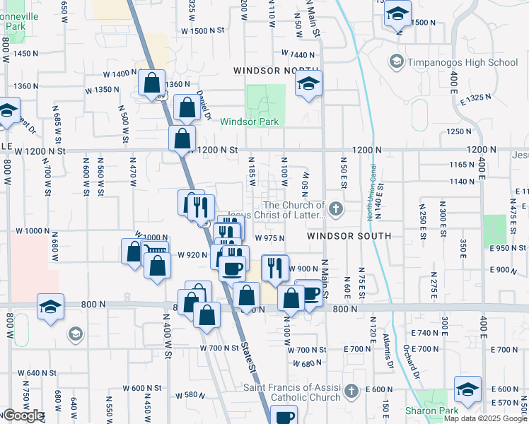 map of restaurants, bars, coffee shops, grocery stores, and more near 1039 North 150 West in Orem