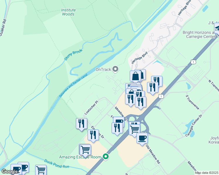map of restaurants, bars, coffee shops, grocery stores, and more near 107 Lassen Court in Princeton