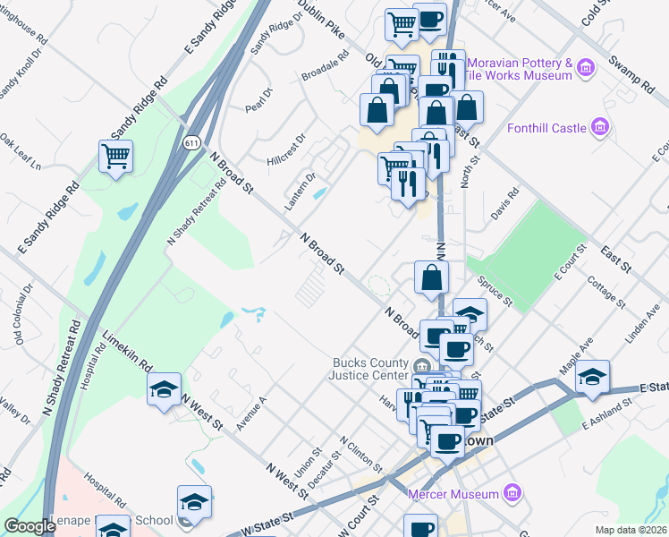 map of restaurants, bars, coffee shops, grocery stores, and more near 333-399 North Broad Street in Doylestown