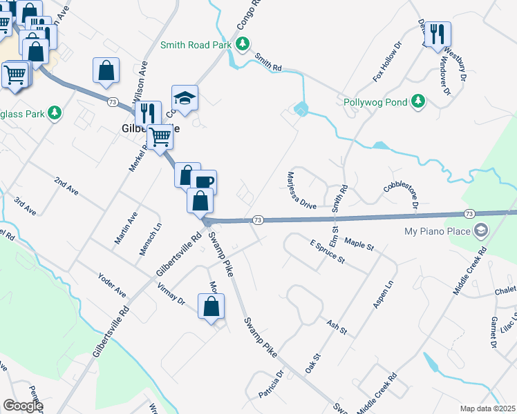 map of restaurants, bars, coffee shops, grocery stores, and more near 109 Municipal Drive in Gilbertsville