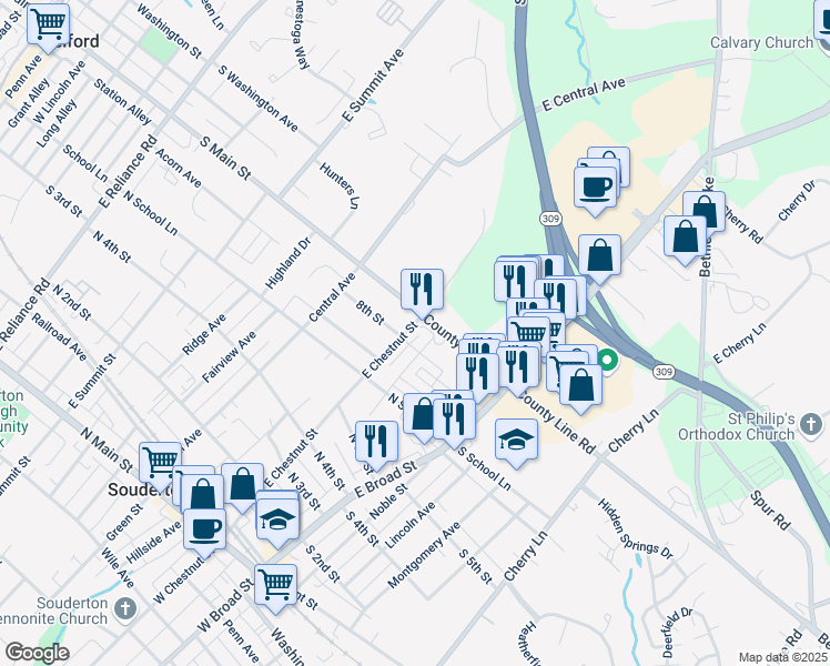 map of restaurants, bars, coffee shops, grocery stores, and more near 102 North County Line Road in Souderton