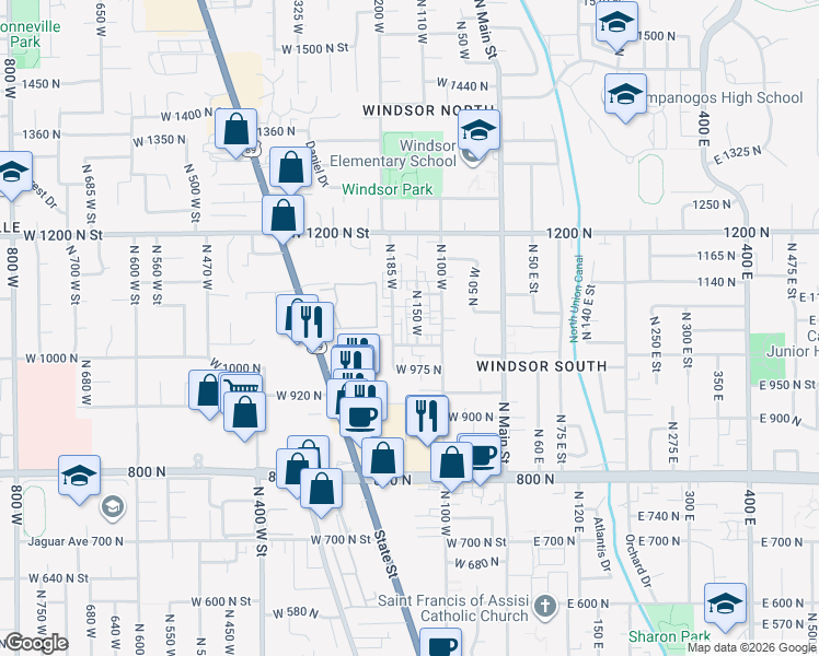 map of restaurants, bars, coffee shops, grocery stores, and more near 1066 North 150 West in Orem