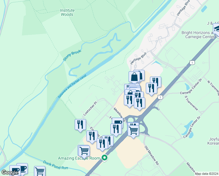 map of restaurants, bars, coffee shops, grocery stores, and more near 109 Wrangel Court in Princeton
