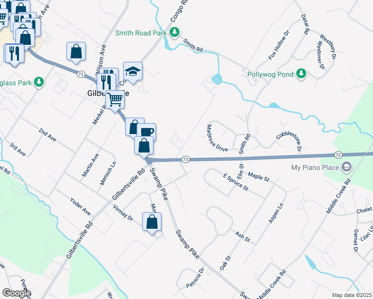map of restaurants, bars, coffee shops, grocery stores, and more near 109 Municipal Drive in Gilbertsville