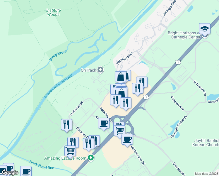 map of restaurants, bars, coffee shops, grocery stores, and more near 119 Acadia Court in Princeton