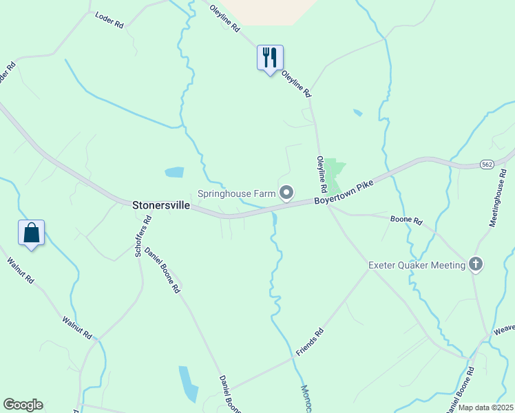 map of restaurants, bars, coffee shops, grocery stores, and more near 5861 Boyertown Pike in Birdsboro