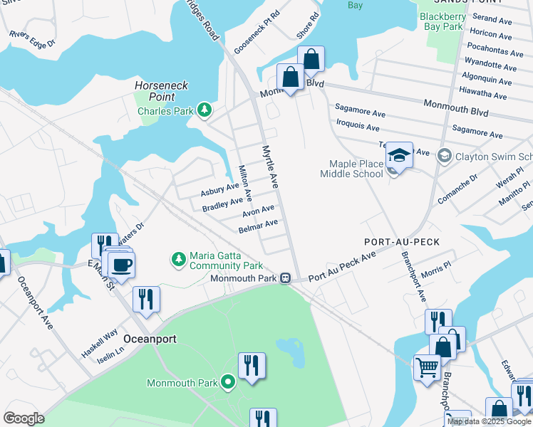 map of restaurants, bars, coffee shops, grocery stores, and more near 12 Avon Avenue in Oceanport