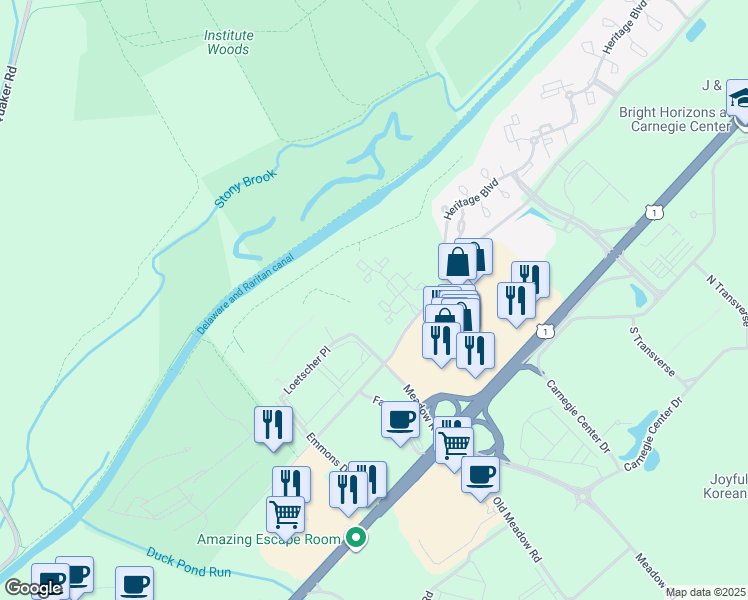 map of restaurants, bars, coffee shops, grocery stores, and more near 107 Lassen Court in Princeton