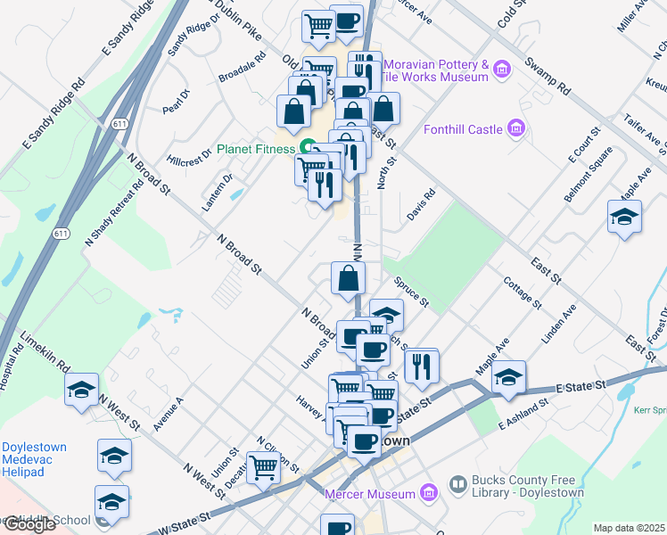 map of restaurants, bars, coffee shops, grocery stores, and more near 29 Doyle Street in Doylestown