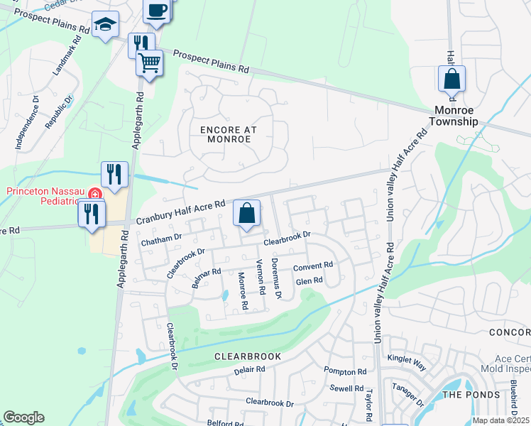 map of restaurants, bars, coffee shops, grocery stores, and more near 196 Newport Road in Monroe Township