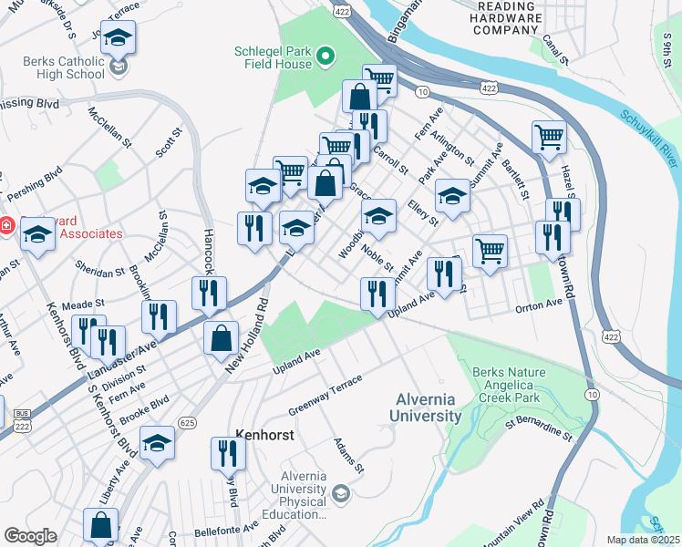 map of restaurants, bars, coffee shops, grocery stores, and more near 127 Angelica Street in Reading