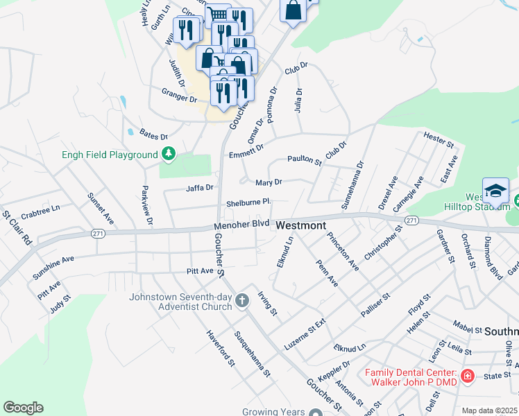 map of restaurants, bars, coffee shops, grocery stores, and more near 1538-1698 Shelburne Pl in Johnstown