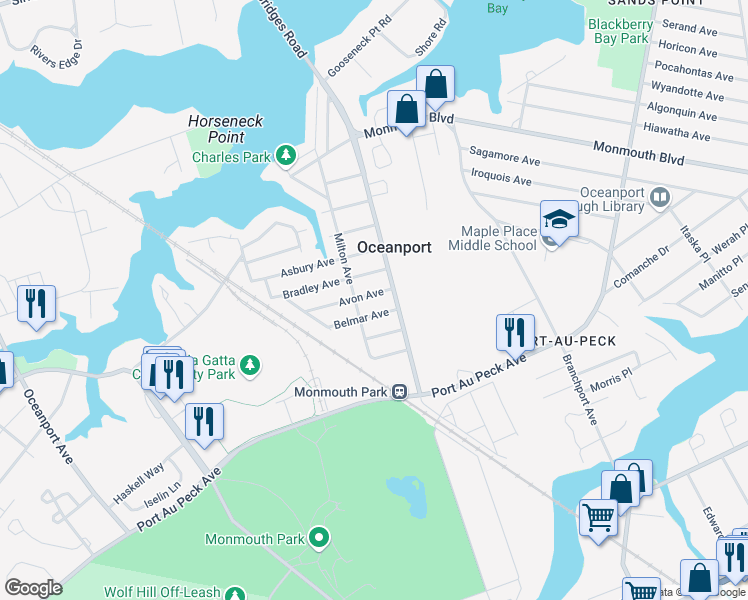 map of restaurants, bars, coffee shops, grocery stores, and more near 12 Avon Avenue in Oceanport