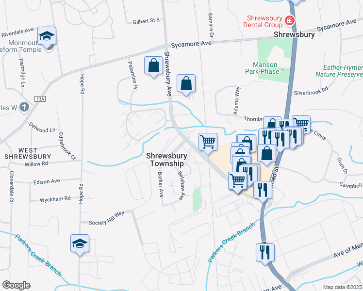 map of restaurants, bars, coffee shops, grocery stores, and more near Crawford Street & Barker Avenue in Eatontown