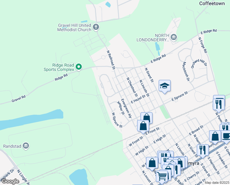 map of restaurants, bars, coffee shops, grocery stores, and more near 125 West Cedar Street in Palmyra