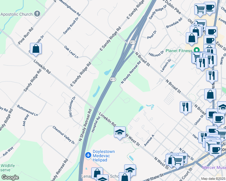 map of restaurants, bars, coffee shops, grocery stores, and more near 612 North Shady Retreat Road in Doylestown
