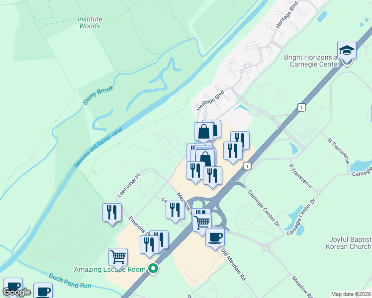 map of restaurants, bars, coffee shops, grocery stores, and more near 119 Acadia Court in Princeton
