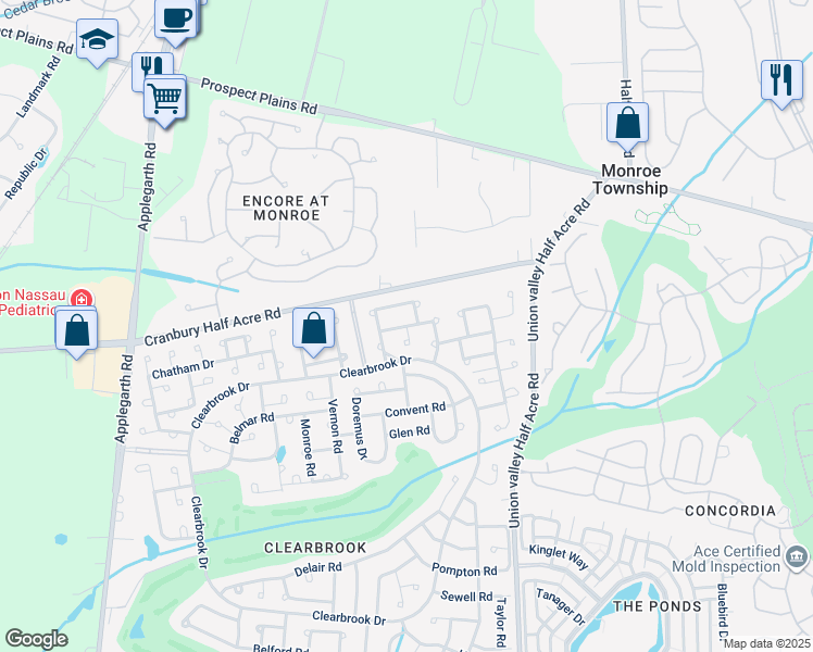 map of restaurants, bars, coffee shops, grocery stores, and more near Jutland Drive in Monroe Township