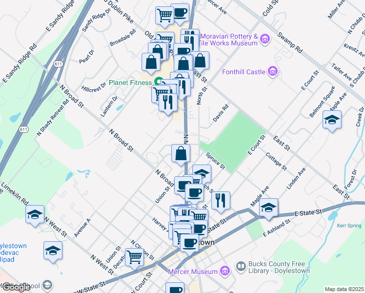 map of restaurants, bars, coffee shops, grocery stores, and more near 294 North Main Street in Doylestown