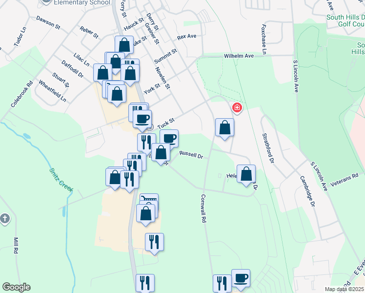 map of restaurants, bars, coffee shops, grocery stores, and more near 923 Russell Drive in Lebanon