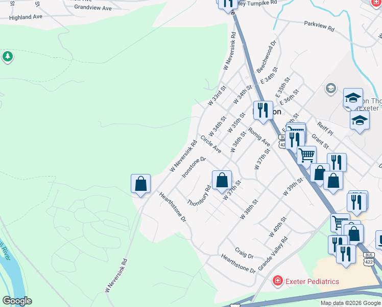 map of restaurants, bars, coffee shops, grocery stores, and more near 203 West Neversink Road in Reading