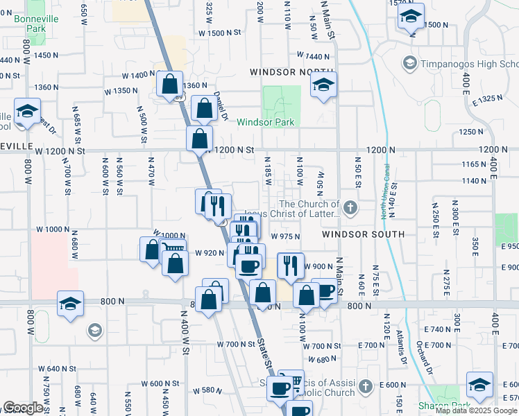 map of restaurants, bars, coffee shops, grocery stores, and more near 1047 North 220 West in Orem