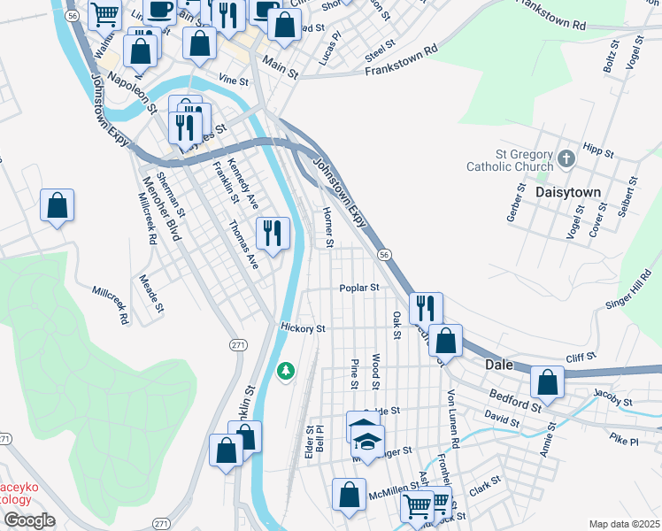map of restaurants, bars, coffee shops, grocery stores, and more near 232 Horner Street in Johnstown