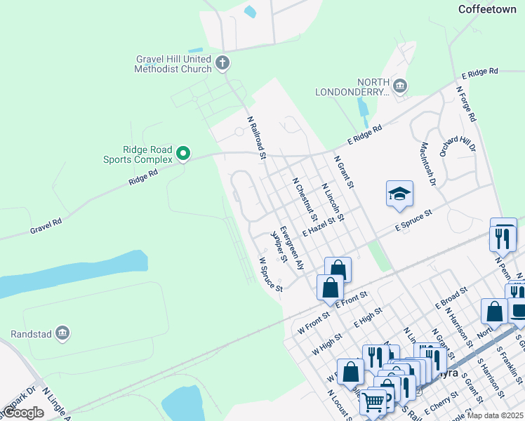 map of restaurants, bars, coffee shops, grocery stores, and more near 125 West Cedar Street in Palmyra
