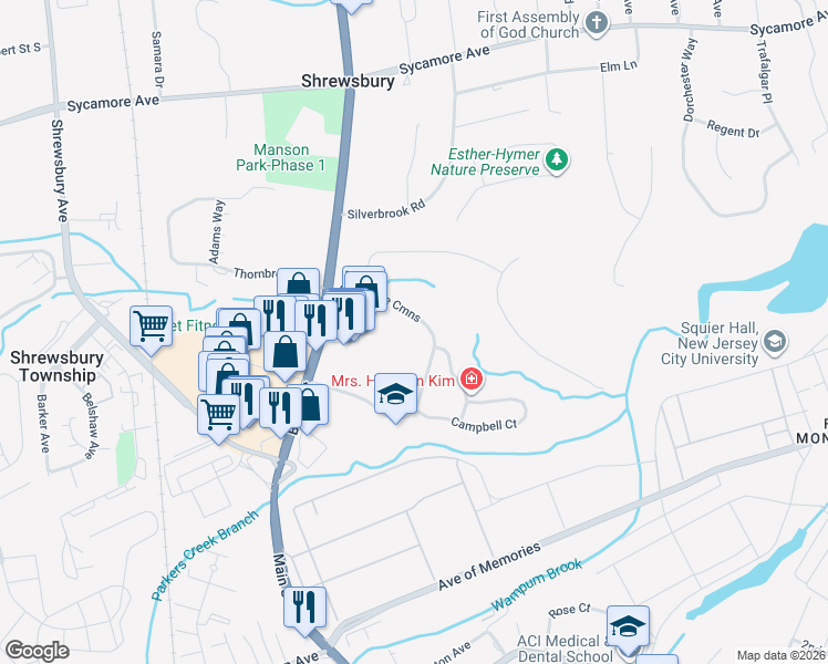 map of restaurants, bars, coffee shops, grocery stores, and more near 39 Avenue of the Common in Shrewsbury