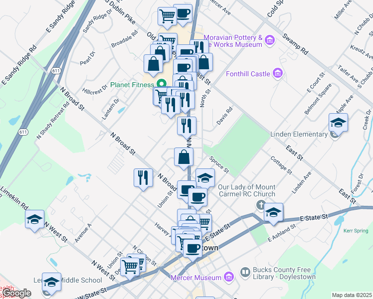 map of restaurants, bars, coffee shops, grocery stores, and more near 296 North Main Street in Doylestown