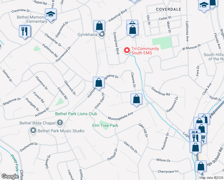 map of restaurants, bars, coffee shops, grocery stores, and more near 926 Logan Road in Bethel Park