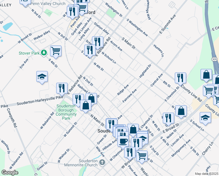 map of restaurants, bars, coffee shops, grocery stores, and more near 232 East Summit Street in Souderton