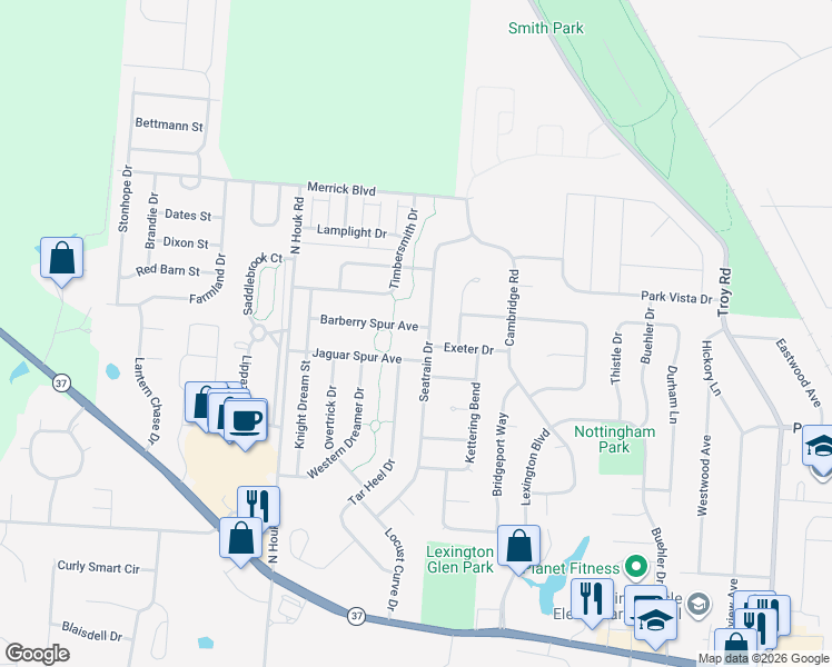 map of restaurants, bars, coffee shops, grocery stores, and more near 707 Barberry Spur Avenue in Delaware