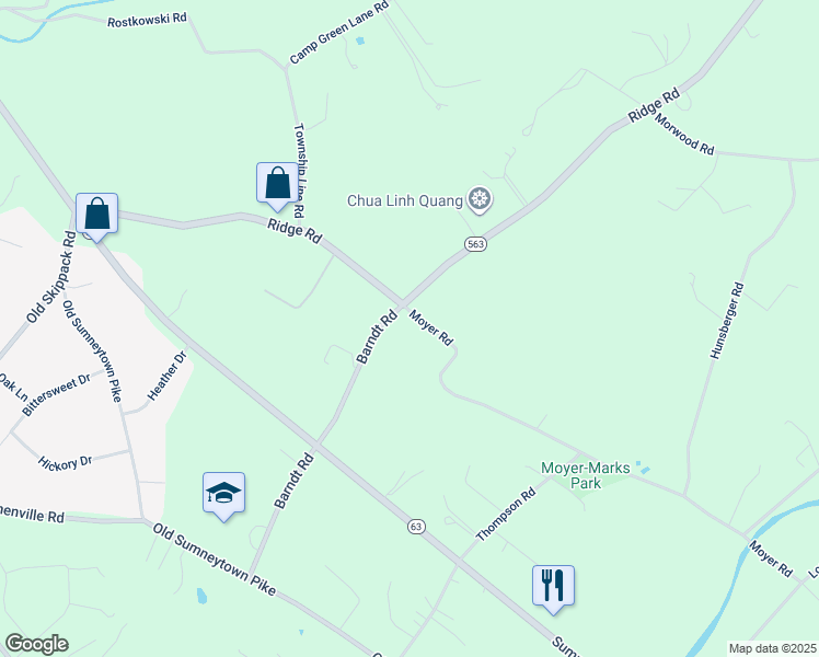 map of restaurants, bars, coffee shops, grocery stores, and more near 1601 Moyer Rd in Telford