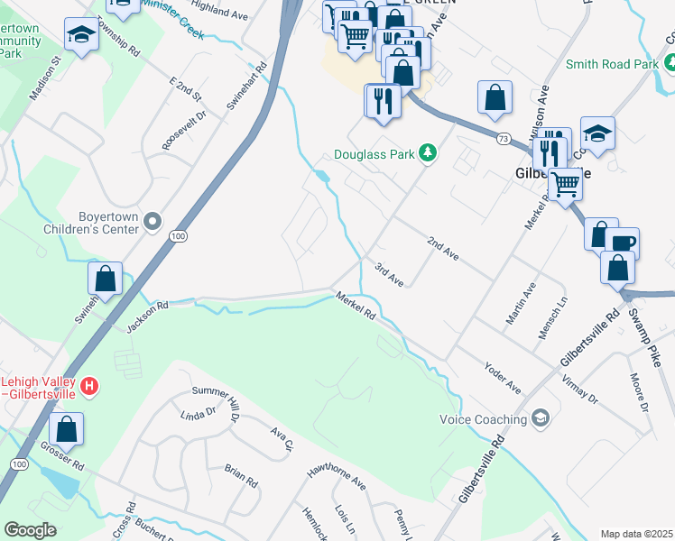 map of restaurants, bars, coffee shops, grocery stores, and more near 201 Jackson Road in Gilbertsville