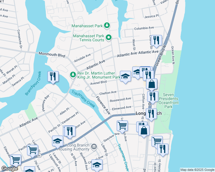 map of restaurants, bars, coffee shops, grocery stores, and more near 138 Avenel Boulevard in Long Branch