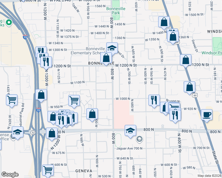 map of restaurants, bars, coffee shops, grocery stores, and more near 1057 North 800 West in Orem