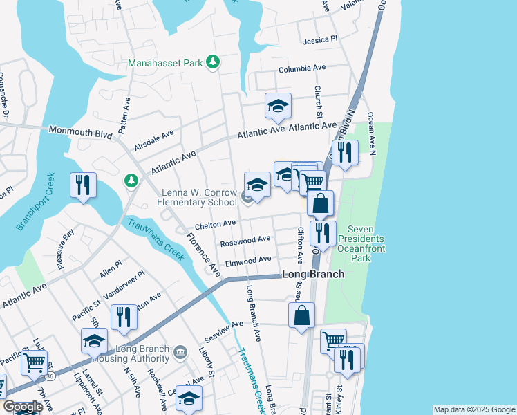 map of restaurants, bars, coffee shops, grocery stores, and more near 335 Long Branch Avenue in Long Branch