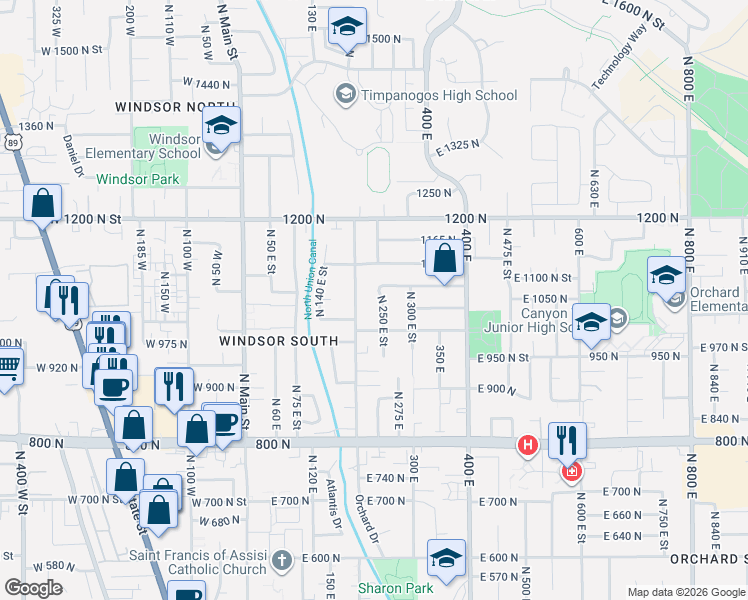 map of restaurants, bars, coffee shops, grocery stores, and more near 247 East 1090 North in Orem