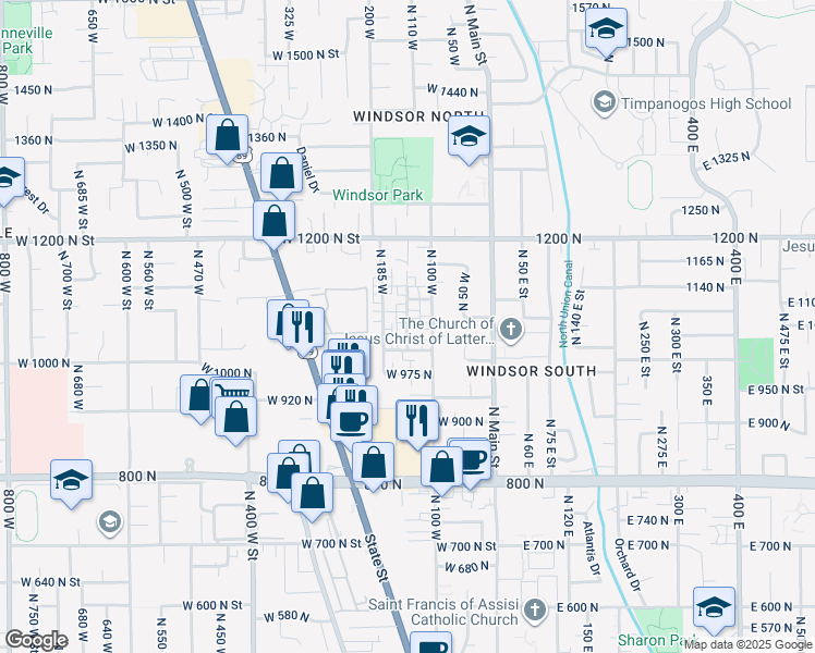 map of restaurants, bars, coffee shops, grocery stores, and more near 1066 North 150 West in Orem