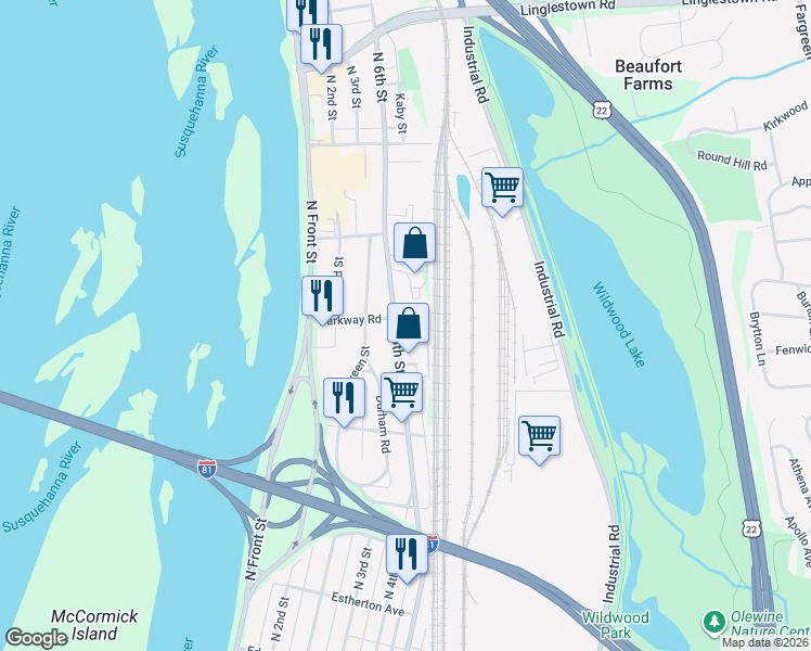 map of restaurants, bars, coffee shops, grocery stores, and more near 4001 North 6th Street in Harrisburg