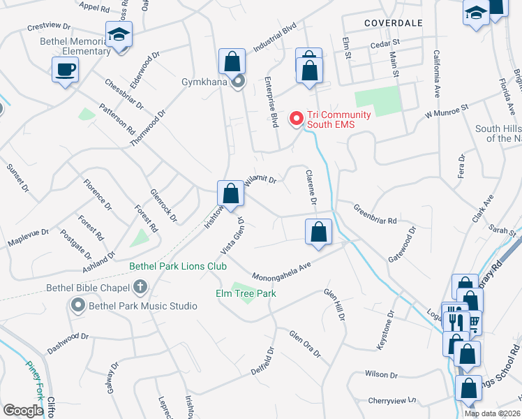 map of restaurants, bars, coffee shops, grocery stores, and more near 926 Logan Road in Bethel Park