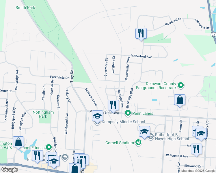 map of restaurants, bars, coffee shops, grocery stores, and more near 553 Birchard Avenue in Delaware