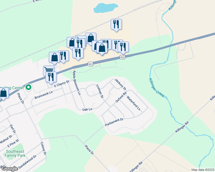 map of restaurants, bars, coffee shops, grocery stores, and more near 24 Hickory Street in Palmyra