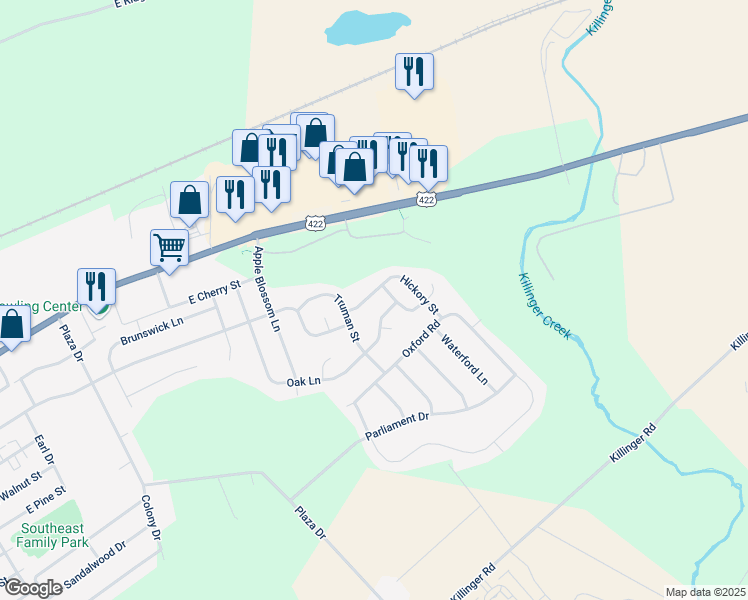 map of restaurants, bars, coffee shops, grocery stores, and more near 24 Hickory Street in Palmyra