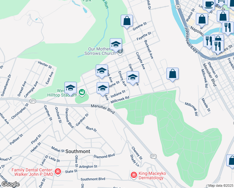 map of restaurants, bars, coffee shops, grocery stores, and more near 598 Indiana St in Johnstown