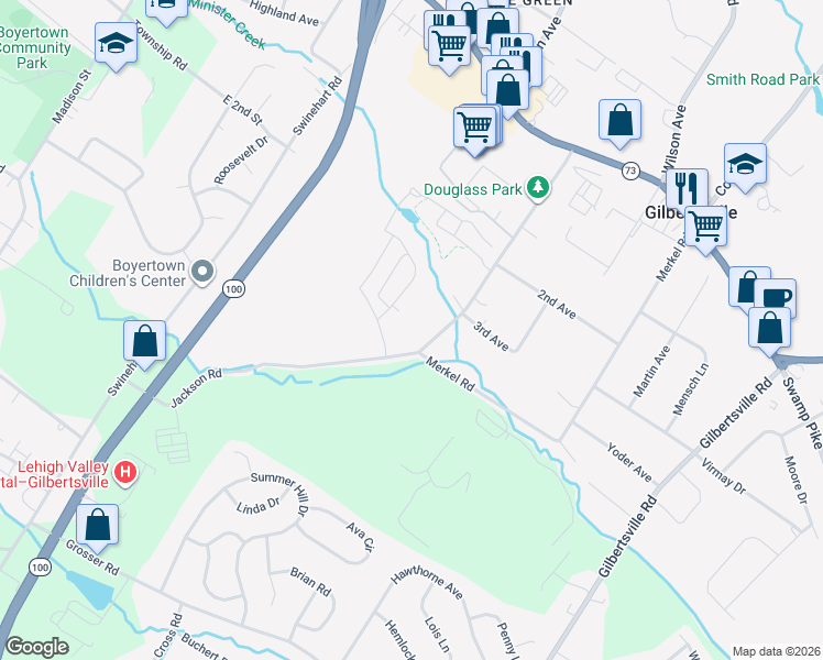 map of restaurants, bars, coffee shops, grocery stores, and more near 201 Jackson Road in Gilbertsville