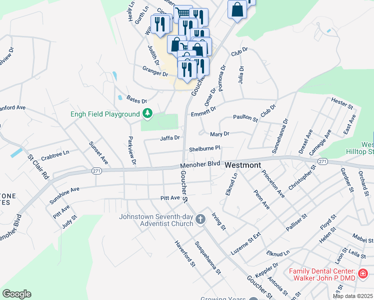map of restaurants, bars, coffee shops, grocery stores, and more near 1698 Shelburne Pl in Johnstown